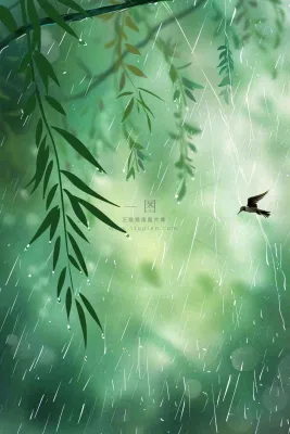 绿色简约小清新柳树雨天燕子雨水谷雨插画背景 绿色简约小清新柳树雨天燕子雨水谷雨插画背景