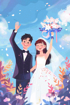 婚礼典礼的夫妻恋人唯美浪漫温馨七夕情人节卡通插画背景