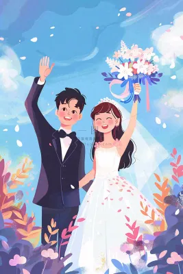 婚礼典礼的夫妻恋人唯美浪漫温馨七夕情人节卡通插画背景