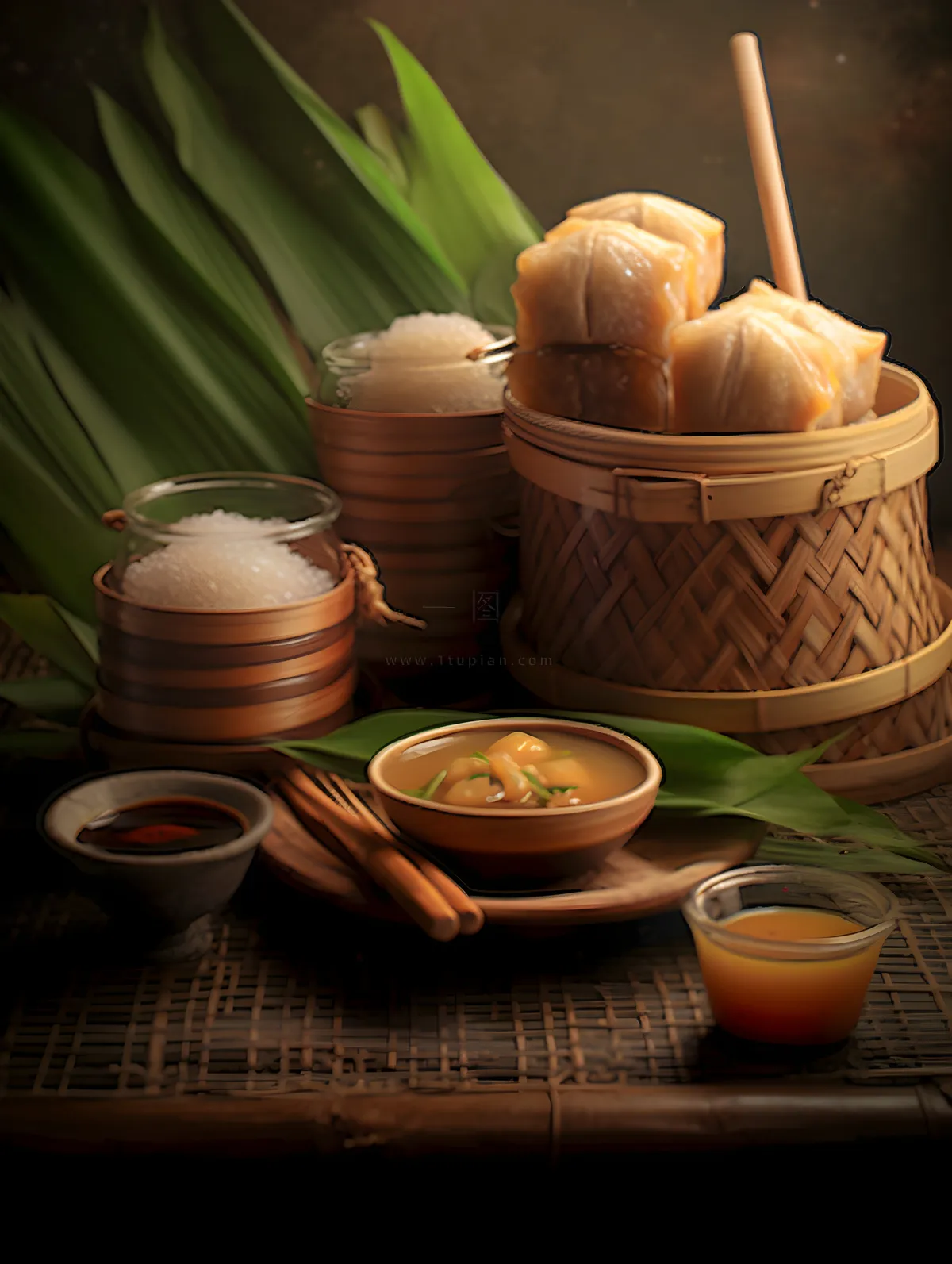 笼屉糕点饭团食物实物场景背景