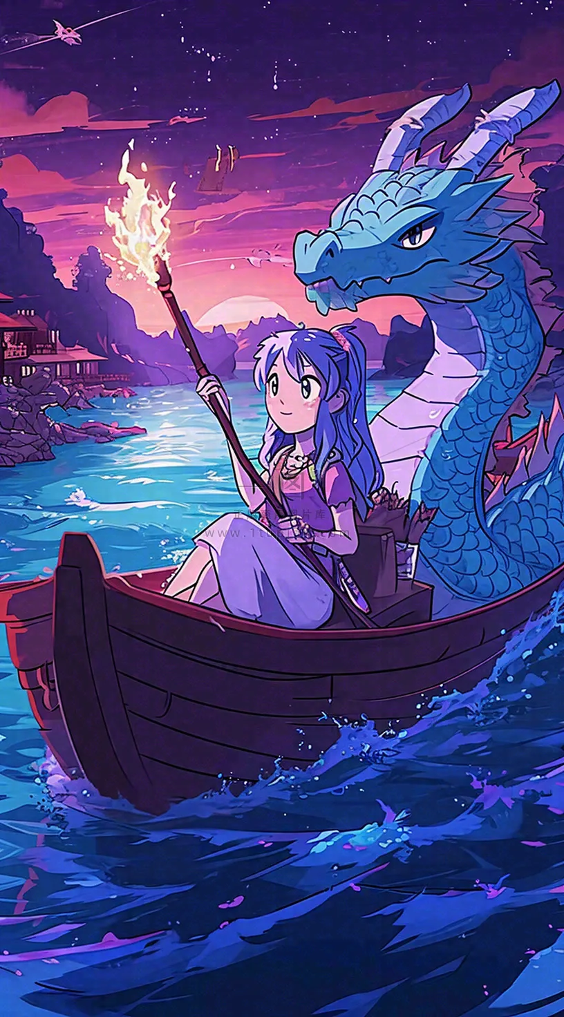 创意卡通古风河面人物游船，夜晚龙灯笼光照，海浪水面