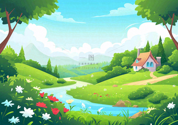 春日旅行草坪草丛花朵河流小溪野外郊游插画，春分