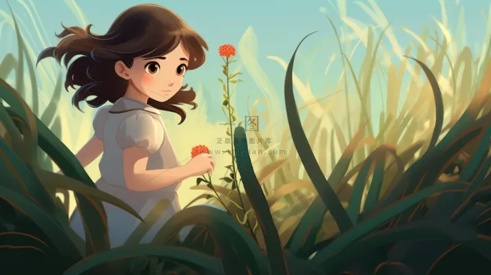穿裙子的小女孩在草丛花丛里奔跑卡通插画素材 