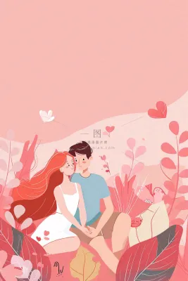 粉色恋爱情人恋人相拥鲜花丛浪漫梦幻七夕情人节插画背景