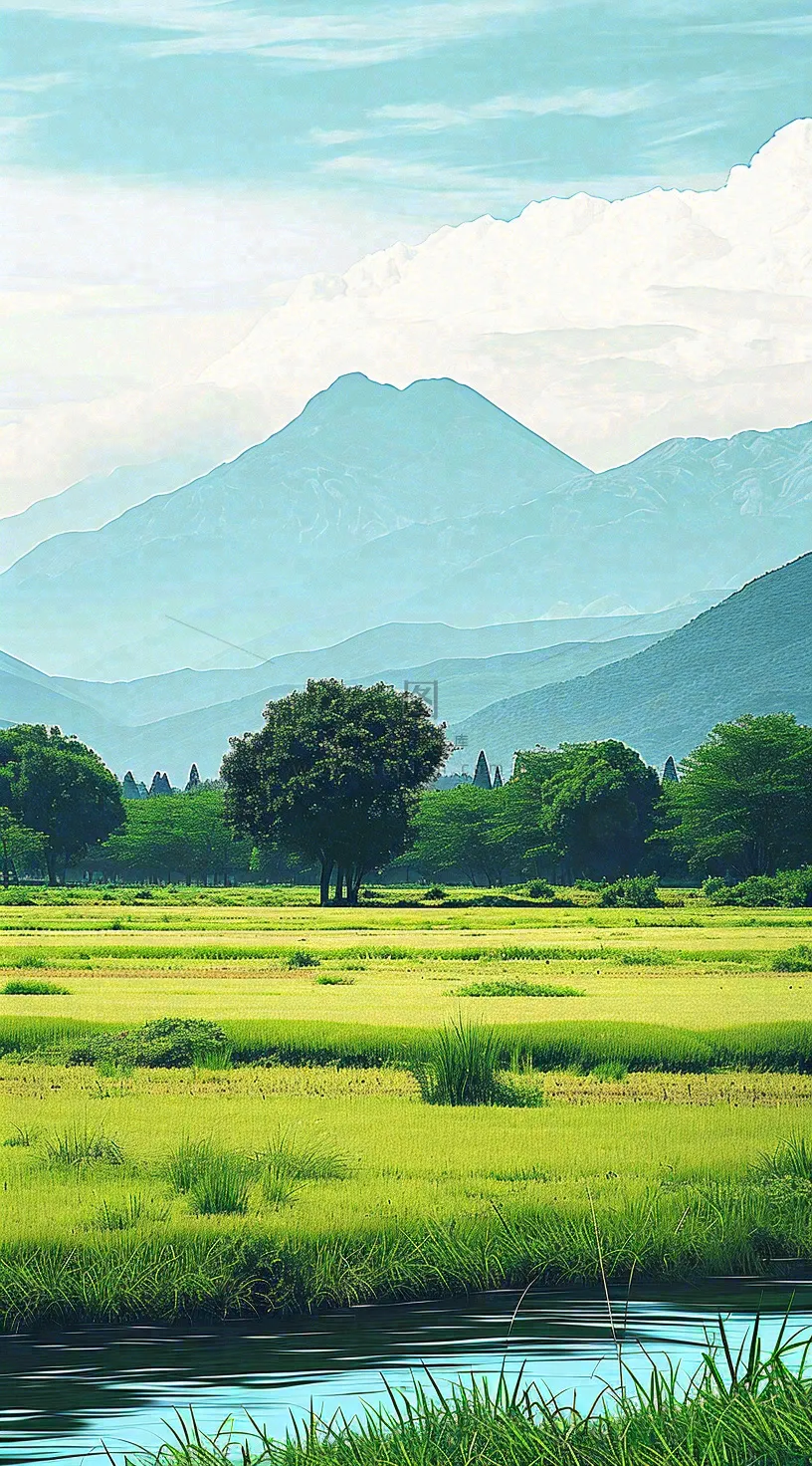 日本卡通绿色手绘乡村田野春天稻田