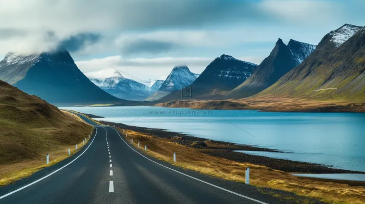 雪山下的公路河流湖泊高山摄影图