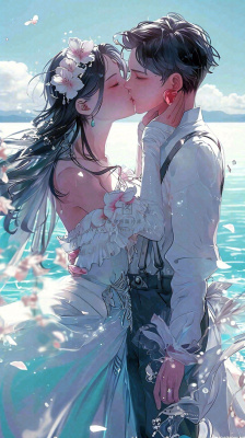 海边阳光沙滩情侣婚纱照爱情甜蜜情人节手绘插画
