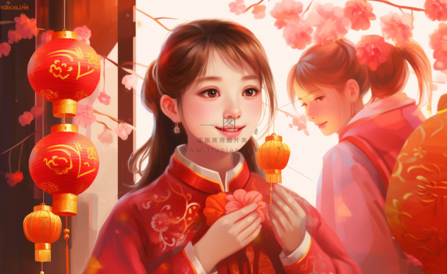 新年张灯结彩孩子们玩乐喜庆红色氛围庆祝卡通插画背景