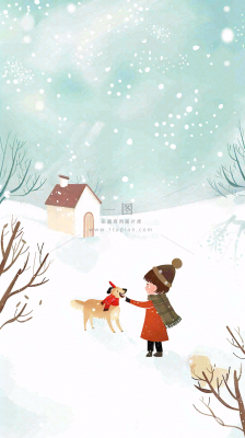 冬天雪山白雪地木屋女孩牵着狗游玩可爱卡通插画立冬大雪小雪背景