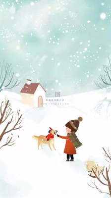 冬天雪山白雪地木屋女孩牵着狗游玩可爱卡通插画立冬大雪小雪背景