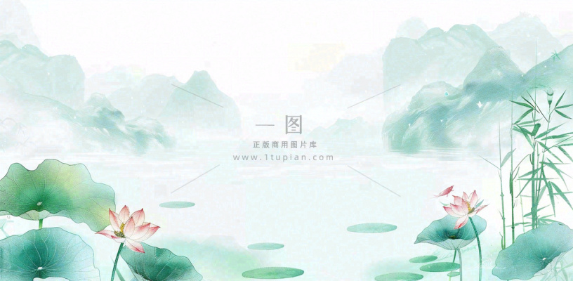 绿色荷花荷叶山水船立夏天夏至中式手绘风景中国风国画大暑小暑插画背景 绿色荷花荷叶山水船立夏天夏至中式手绘风景中国风国画大暑小暑插画背景