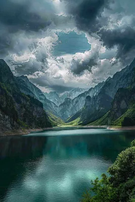 高原雪山下的湖泊自然风景乌云摄影图