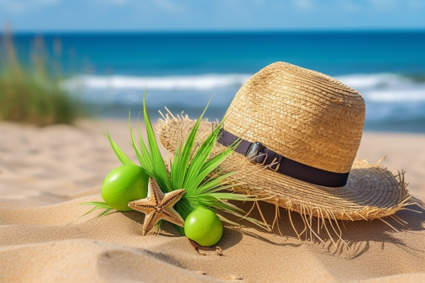 夏日沙滩草帽海边度假摄影图