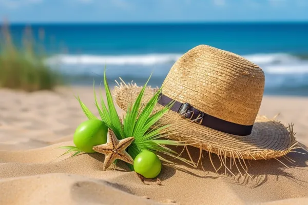 夏日沙滩草帽海边度假摄影图