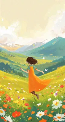 春日浪漫山脉鲜花草坪里的女孩，油画手绘插画，春分