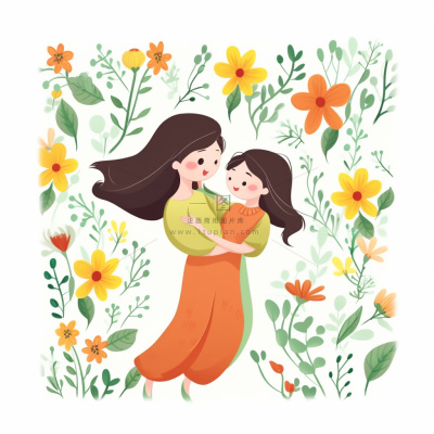 母亲节妈妈拥抱着孩子花海手绘插画素材海报背景