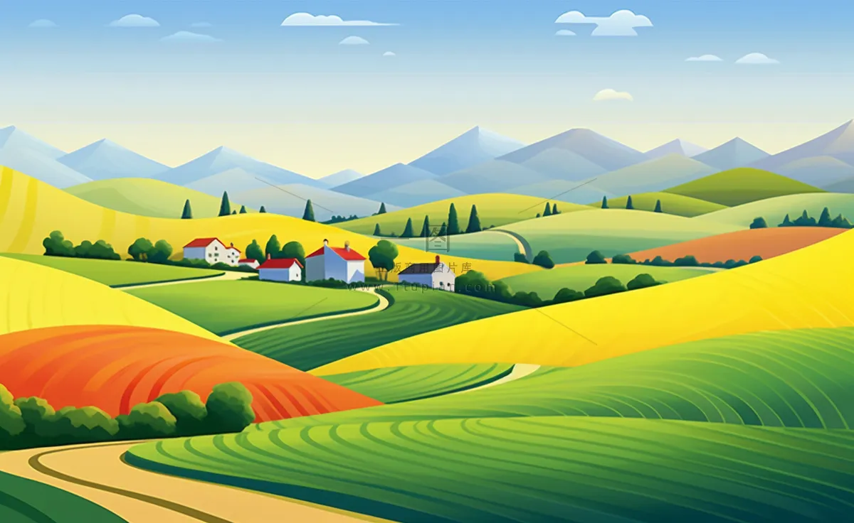 乡村村庄美丽风景河流插画农田插画背景