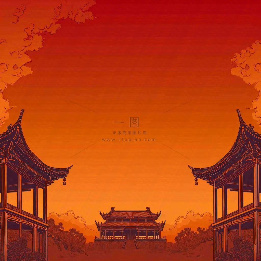 红色渐变国风建筑剪影，中国风简约