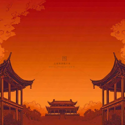 红色渐变国风建筑剪影,中国风简约 红色渐变国风建筑剪影,中国风简约