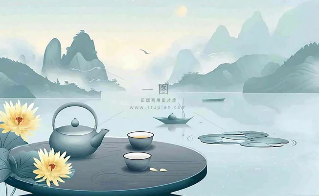 中国山水水墨画菊花饮茶重阳清明寒露插画背景 中国山水水墨画菊花饮茶重阳清明寒露插画背景