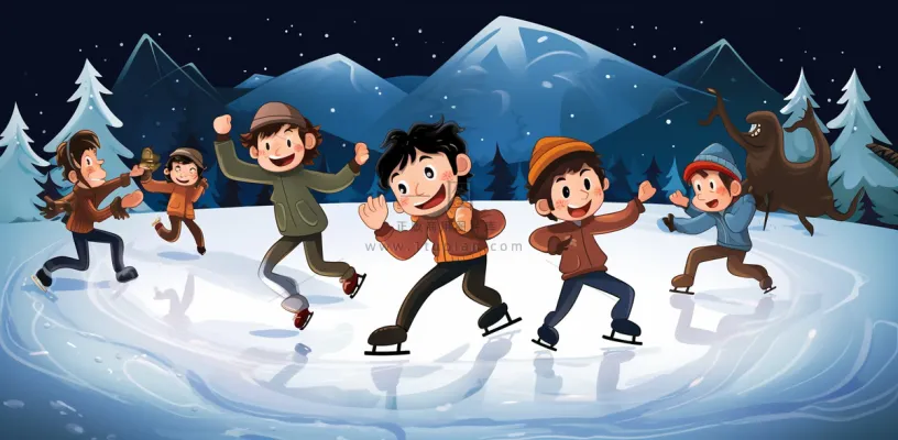 冬季在冰湖上滑冰的孩子儿童卡通插画背景 冬季在冰湖上滑冰的孩子儿童卡通插画背景