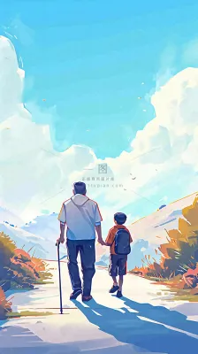 蓝天白云下父亲牵着手,父爱背影亲情伟大感恩 蓝天白云下父亲牵着手,父爱背影亲情伟大感恩