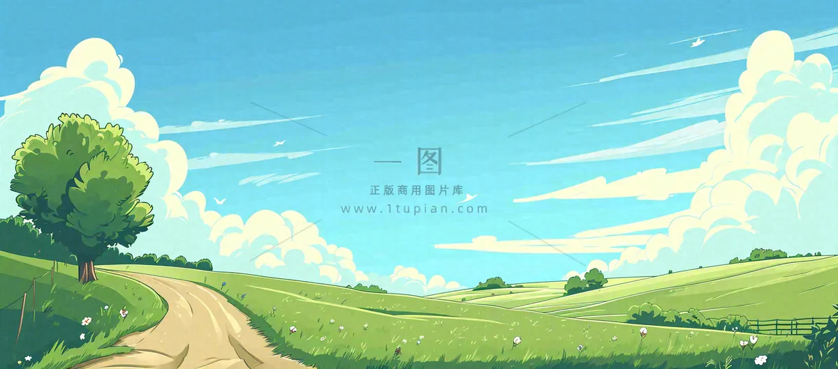 蓝天白云绿植草坪,小草树木清新,春天夏天阳光