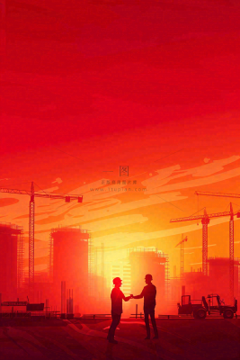 红色工地指挥工人职业人物剪影劳动节插画背景 红色工地指挥工人职业人物剪影劳动节插画背景