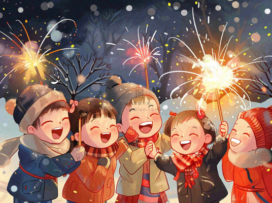 孩童儿童一起放烟花场景开心热闹庆祝新年春节小年除夕夜卡通插画 孩童儿童一起放烟花场景开心热闹庆祝新年春节小年除夕夜卡通插画