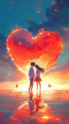 情人节浪漫情人爱心落日蓝天唯美,情侣亲吻爱情,卡通手绘插画 情人节浪漫情人爱心落日蓝天唯美,情侣亲吻爱情,卡通手绘插画