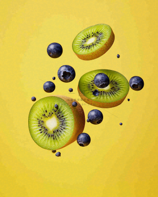  猕猴桃切片蓝莓空中漂浮水果摄影图