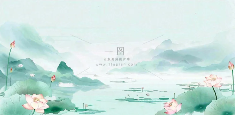 夏天山水荷花莲花清凉淡雅绿色中国风插画夏至大暑小暑背景 夏天山水荷花莲花清凉淡雅绿色中国风插画夏至大暑小暑背景