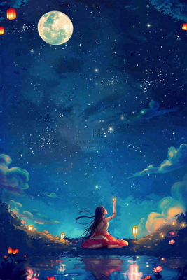 夜晚点灯孔明灯祈福中元节寒衣节插画背景 夜晚点灯孔明灯祈福中元节寒衣节插画背景