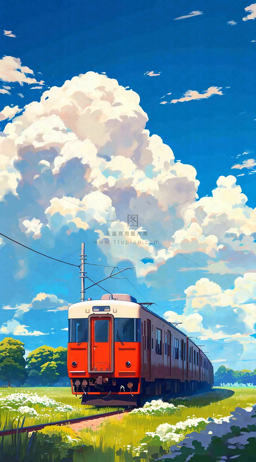 蓝天白云交通高铁铁路火车,草坪鲜花彩色插画