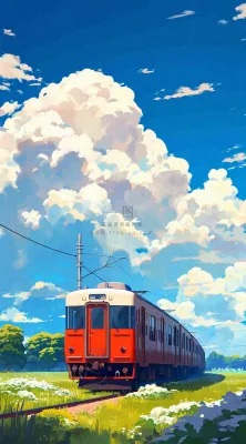 蓝天白云交通高铁铁路火车,草坪鲜花彩色插画 蓝天白云交通高铁铁路火车,草坪鲜花彩色插画