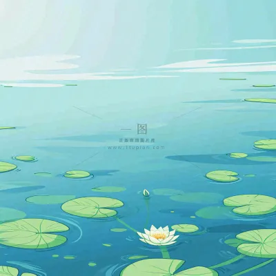 中国风夏日荷塘池白色荷花盛开手绘插画，立夏夏至大暑小暑