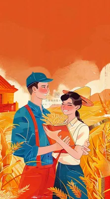 红色插画土地收成粮食农民辛勤劳作劳动节卡通插画背景