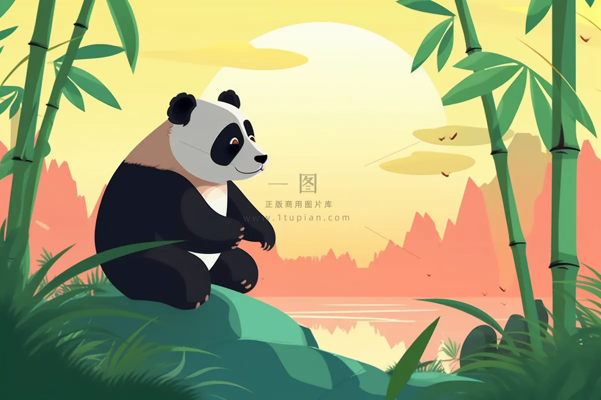 竹林大熊猫玩乐卡通插画背景