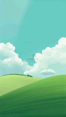 蓝天白云草地卡通扁平手绘插画春天绿色立春，春分
