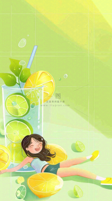 夏天创意冰饮女孩水果茶清凉插画立夏夏至背景