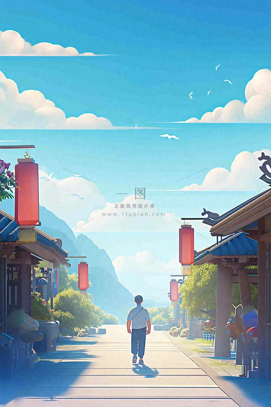 蓝天白云下行走背影，父亲节父爱温馨