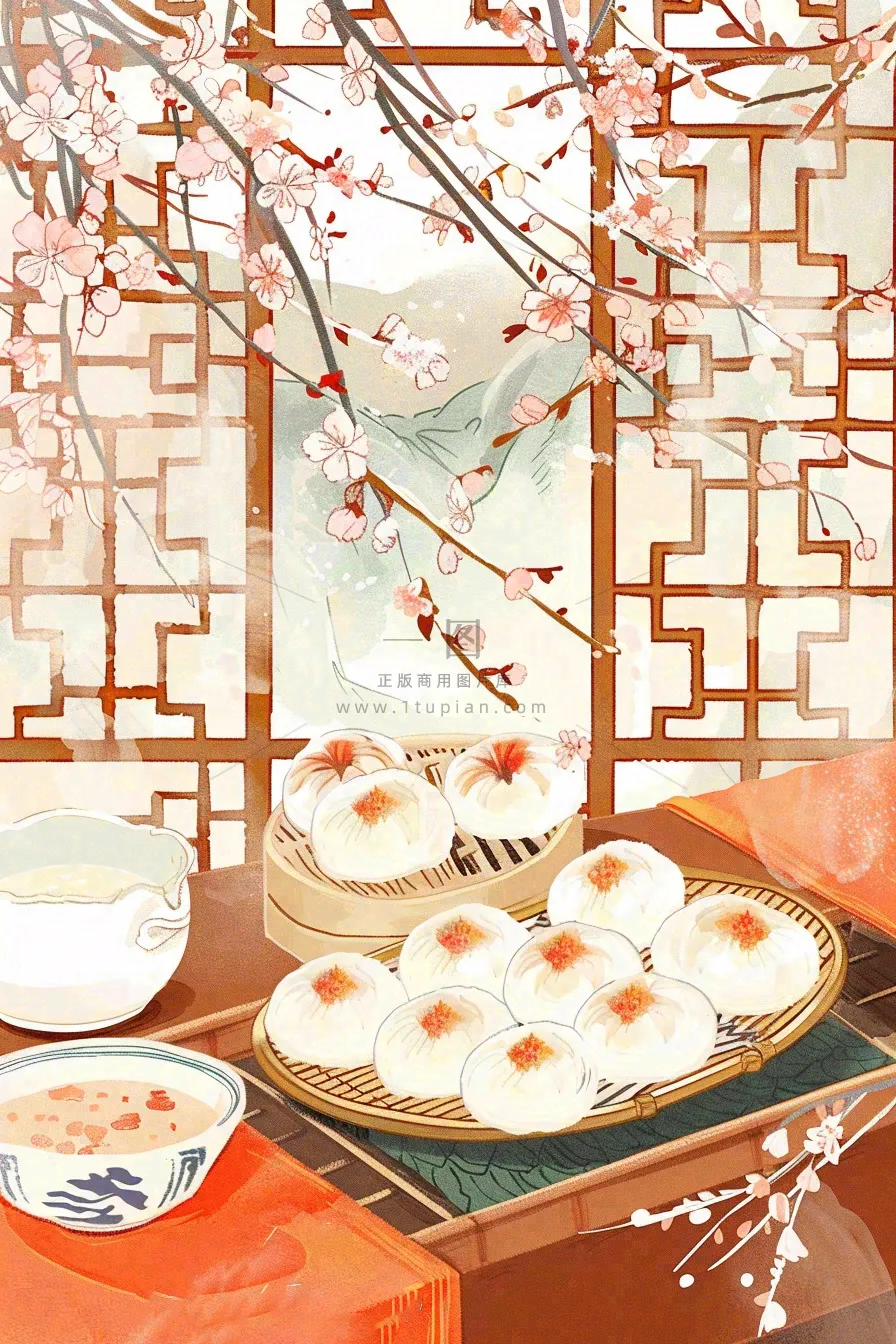 古风插画美食饺子包子梅花古风窗户冬至插画背景