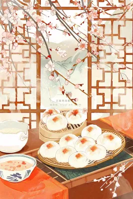 古风插画美食饺子包子梅花古风窗户冬至插画背景 古风插画美食饺子包子梅花古风窗户冬至插画背景
