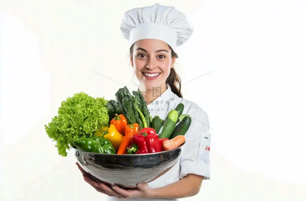 女生厨师抱着蔬菜盆生鲜白色背景摄影图