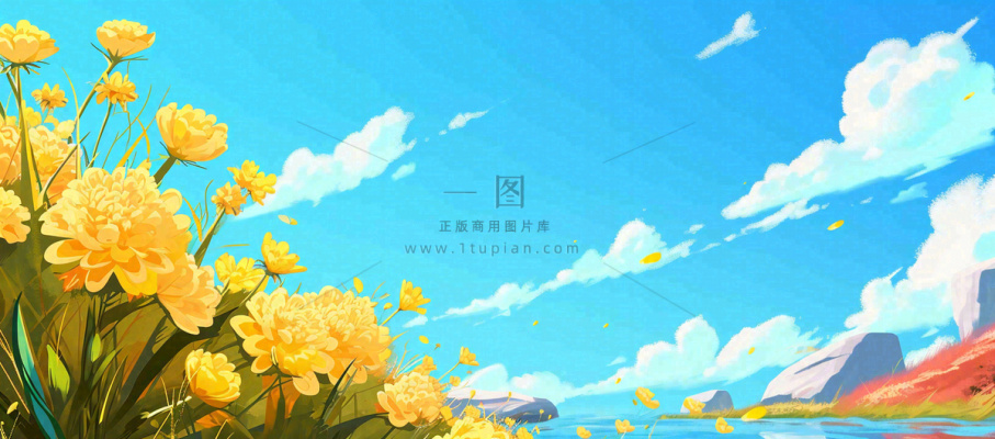 春日草地鲜花清新郊外草坪蓝天白云，春分