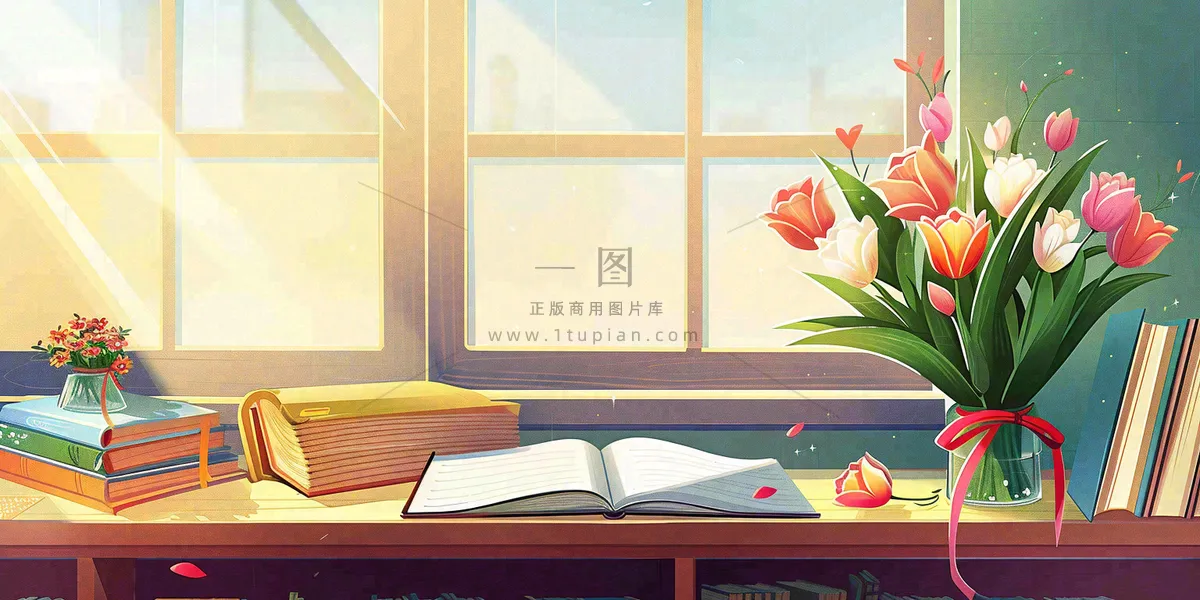 教师节办公桌窗边课本花束温馨唯美插画背景