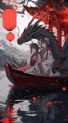 少女漫画古风灯笼夜晚夜景船只手绘插画 少女漫画古风灯笼夜晚夜景船只手绘插画