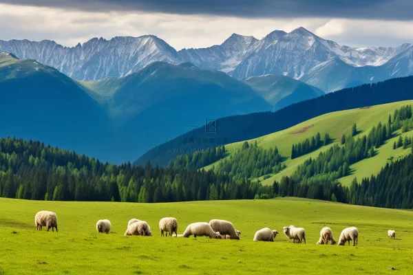 新疆的高原草地上成群的羊在吃草摄影图