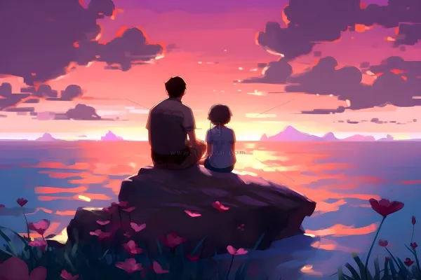 长辈父亲和孩子坐着看落日晚霞浪漫背景