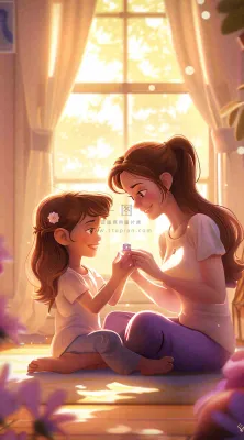 母亲节妈妈亲情抱着孩子鲜花光辉插画背景